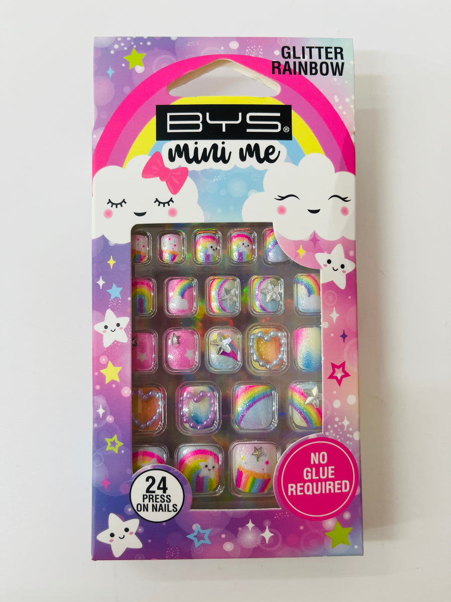 Packaged nail art set with colorful designs and 'BYS Mini Me' branding on a white background