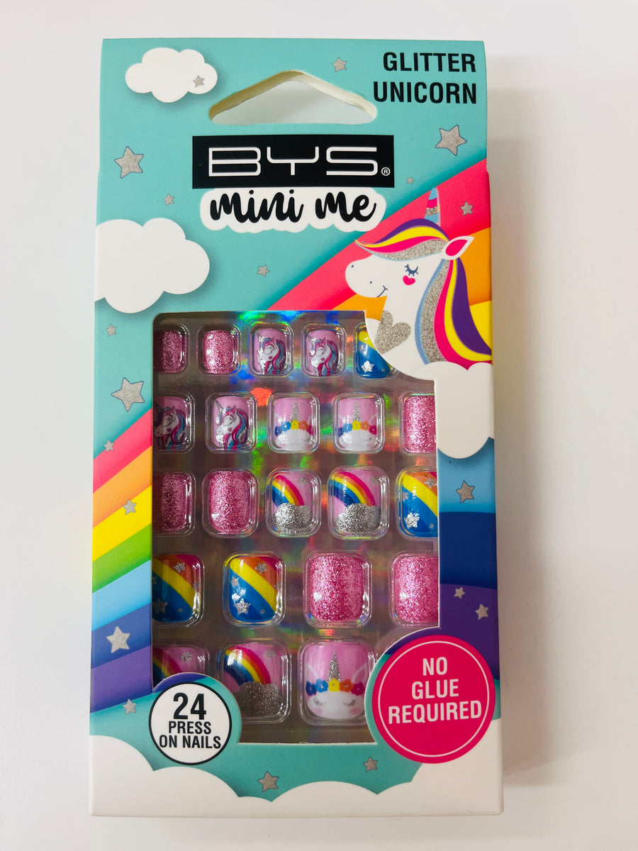 BYS Mini Me glitter unicorn nail art set packaging on a light gray background