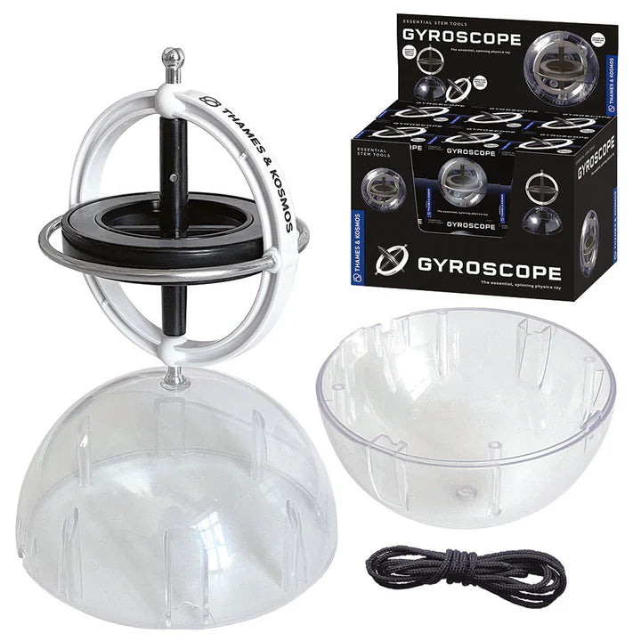 Clear gyroscope toy with packaging on a white background