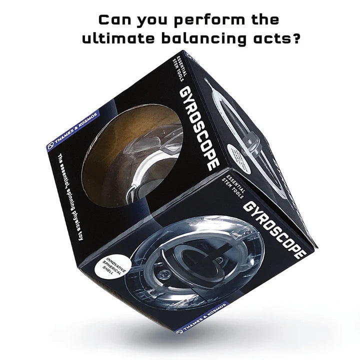 Gyroscope toy packaging with text on a white background