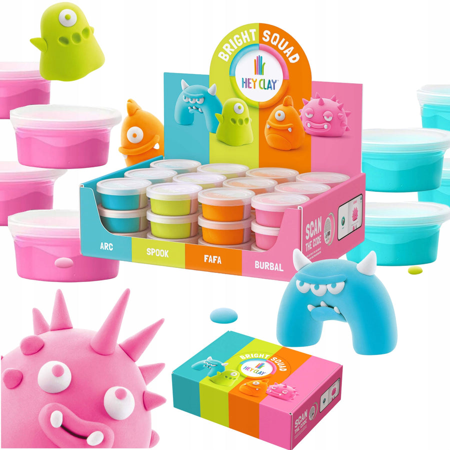Colorful toy packaging and toys with 'Hey Clay' branding on a white background