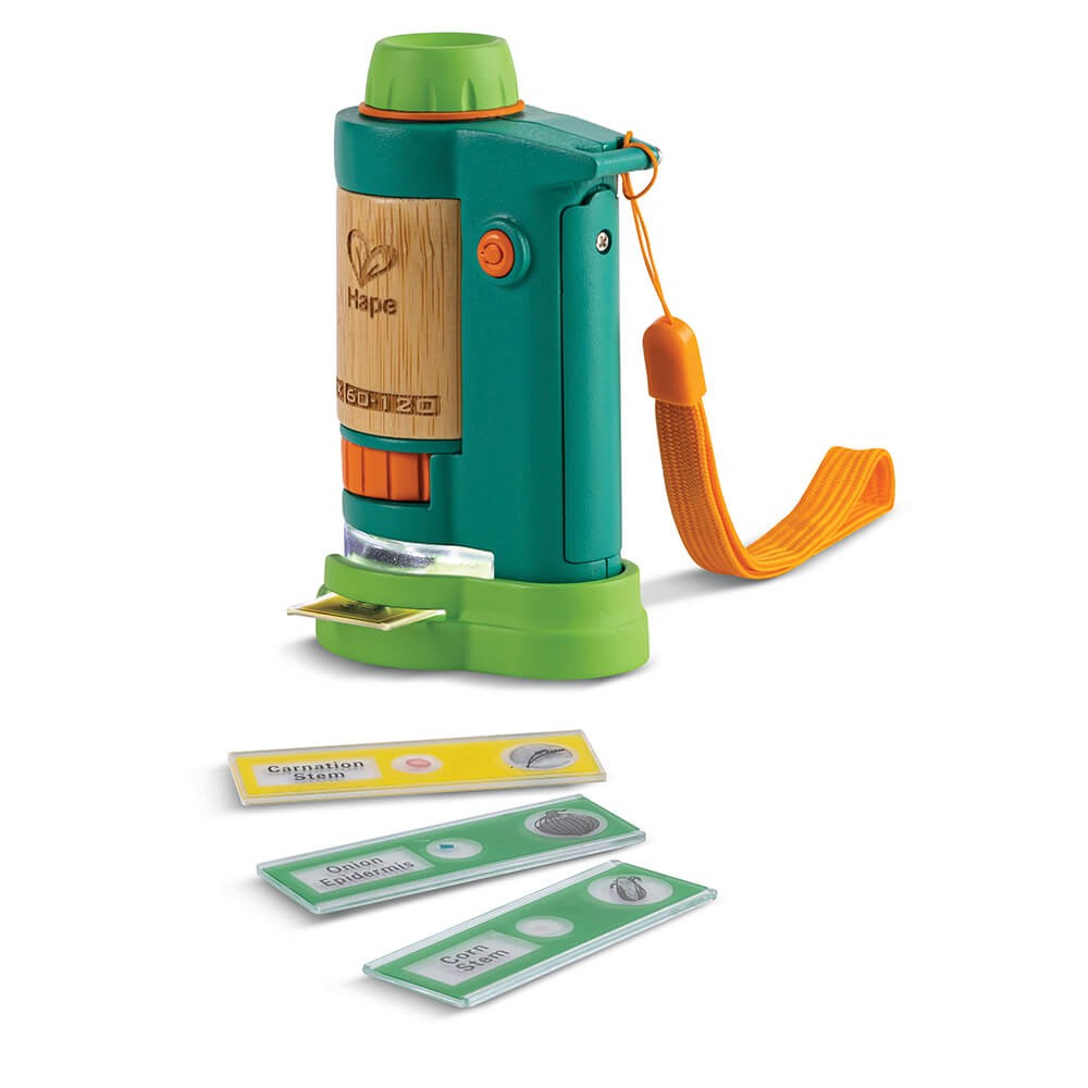 Hape Field Microscope 60x-120x with green and orange design on a white background