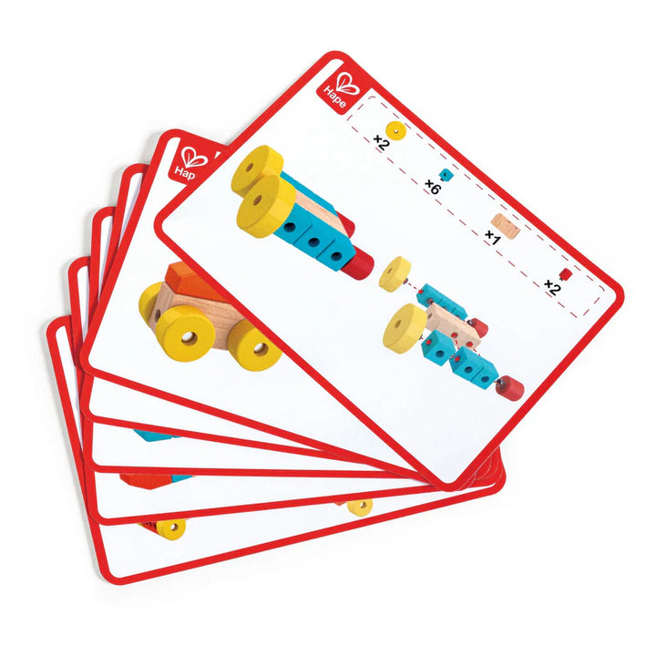 Set of educational cards with toy illustrations and red borders on a white background