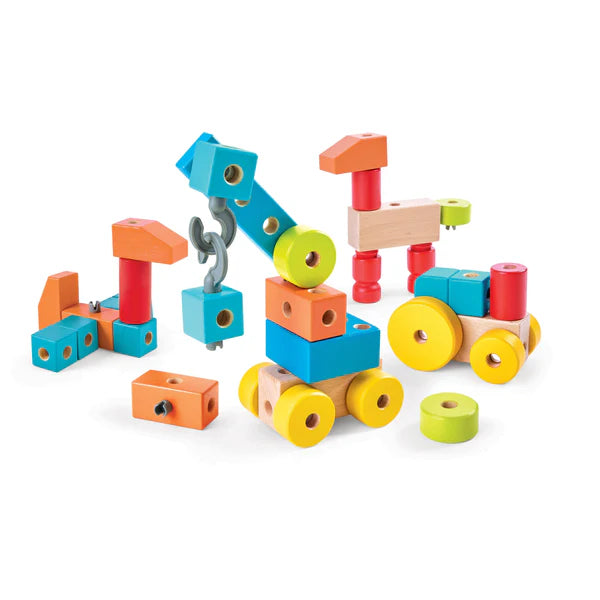Colorful wooden toy construction set on a white background