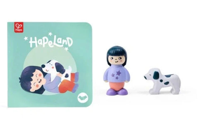 hape land dogs surprise Hape toy set with a girl figure, dog, and book titled 'Hape Land' on a white background.