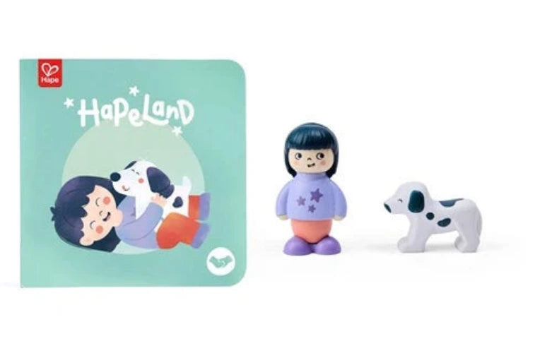 hape land dogs surprise Hape toy set with a girl figure, dog, and book titled 'Hape Land' on a white background.
