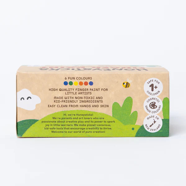Box of honeysticks finger paint with branding and product information on a white background