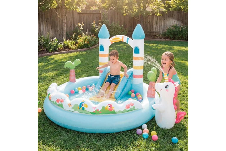 intex unicorn play paddling pool with kids playing
