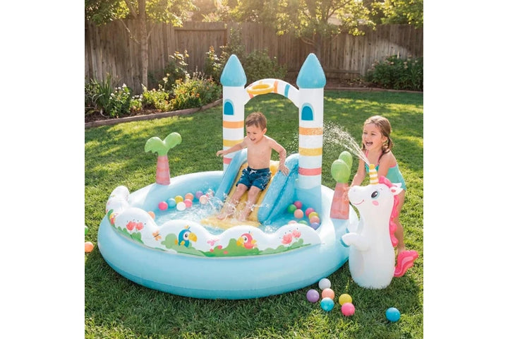 intex unicorn play paddling pool with kids playing