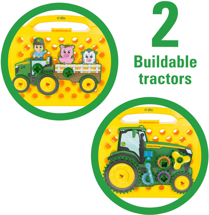 Toy tractors with animals on a yellow background, featuring John Deere branding.