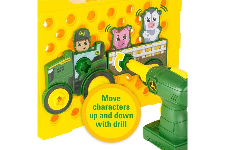 Toy set with characters on a yellow background, featuring a green tractor and animals.