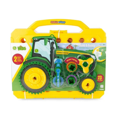 john deere Toy tractor set in a yellow carrying case on a white background