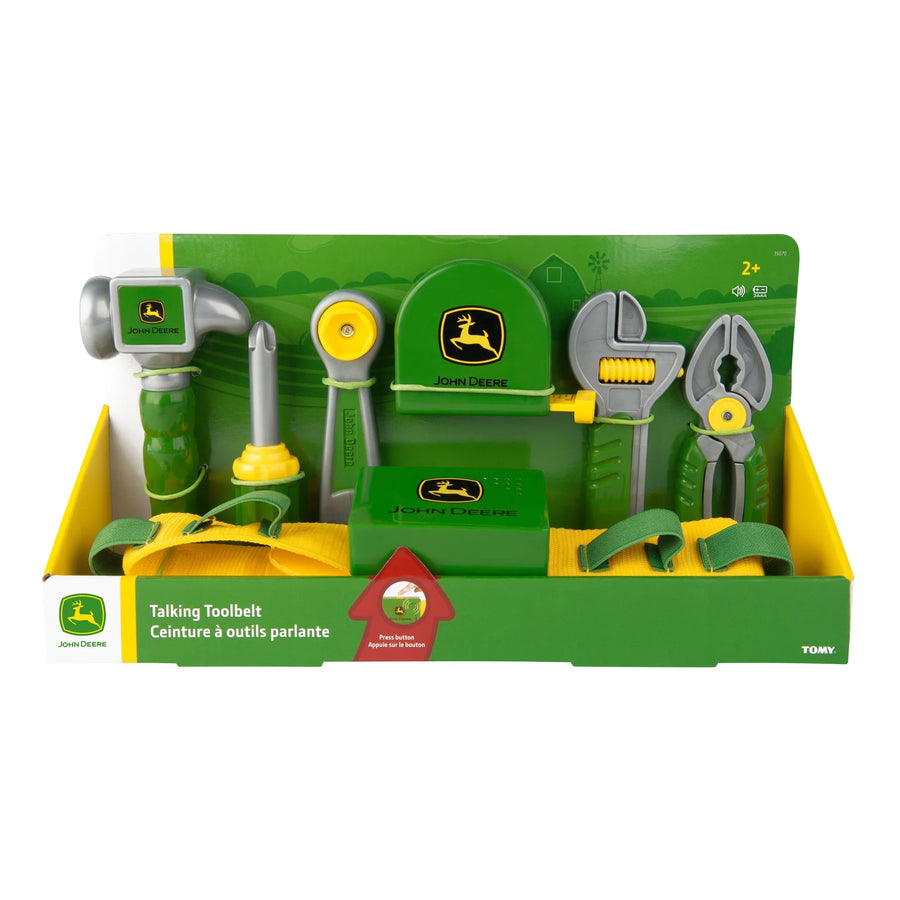 Toy tool belt set with tools in packaging featuring John Deere logo