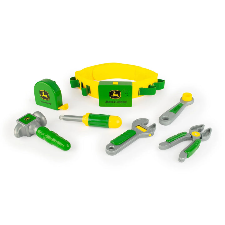 Toy tool belt and tools set with John Deere logo on a white background John Deere Talking Toolbelt Set