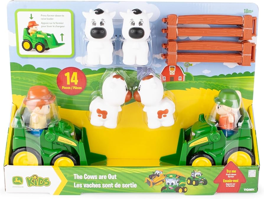 john deere farm Toy set packaging with farm animals and tractors on a green background