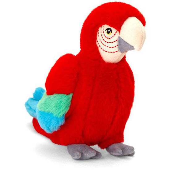 Red plush parrot toy with blue and green feathers on a white background