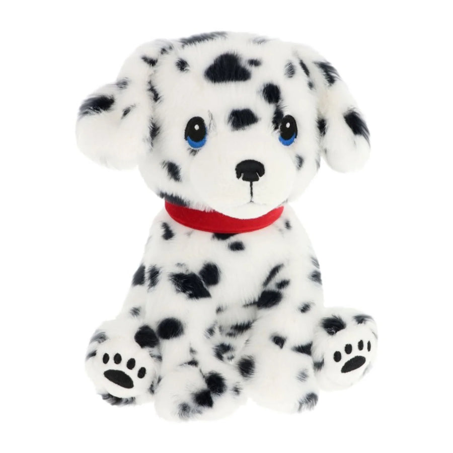 Plush toy dog keeleco Dalmation with black spots and a red collar on a white background