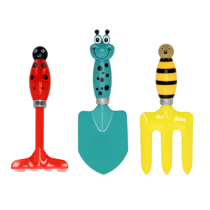 Set of three colorful kids gardening tools shaped like a ladybug, caterpillar, and bee on a white background.