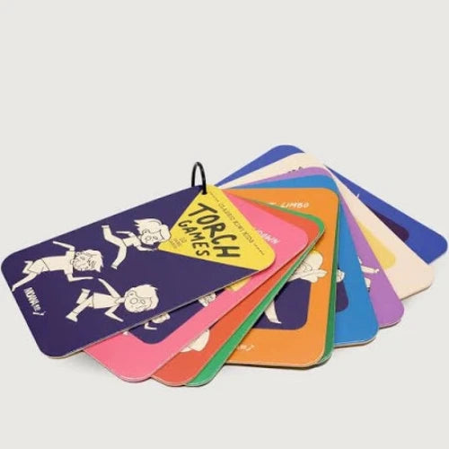 Set of colorful card games with a central yellow card labeled 'Torch Games' on a light gray background.