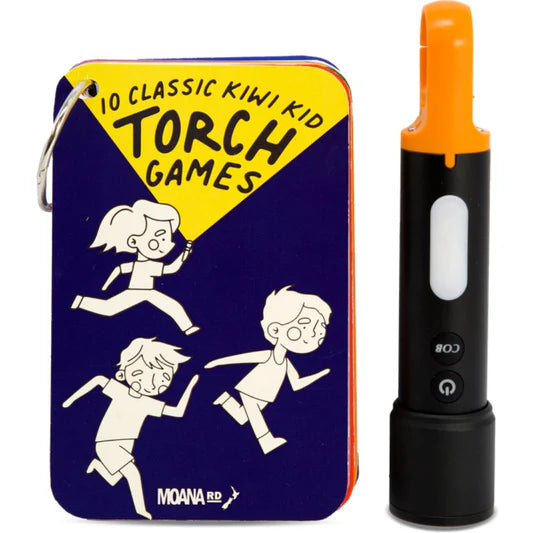  '10 Classic Kiwi Kid Torch Games' text and illustrations, next to a black torch with orange top.