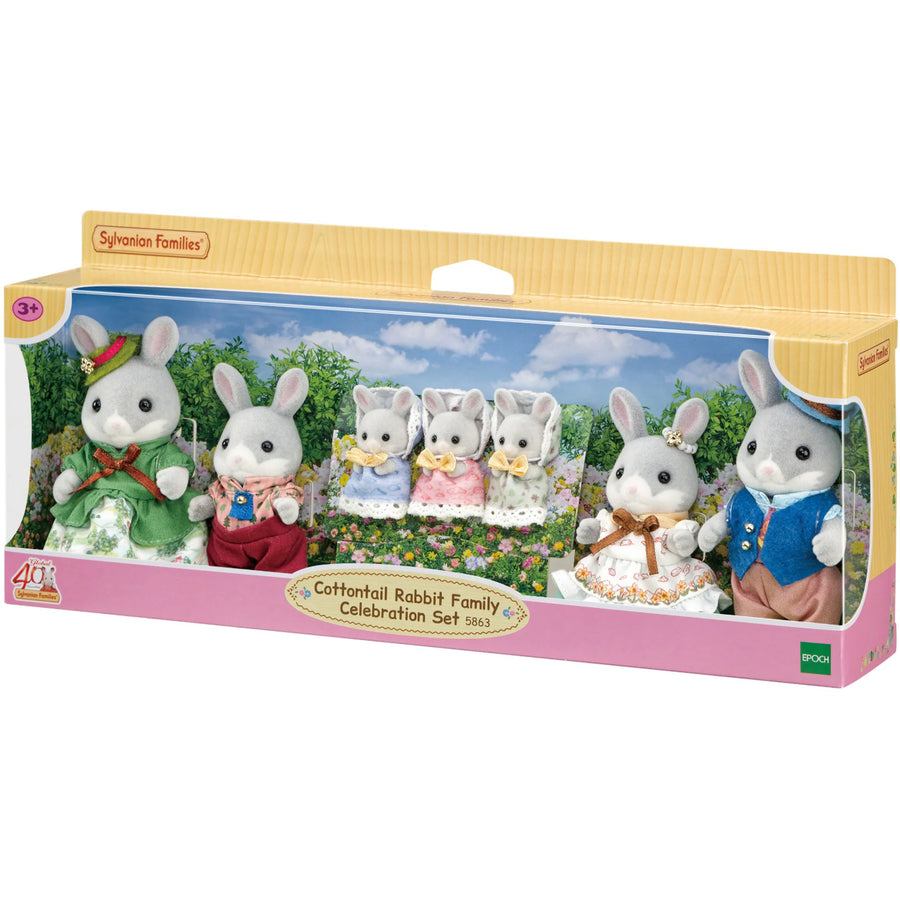 Boxed Sylvanian Families Cottontail Rabbit Family Celebration Set on a white background