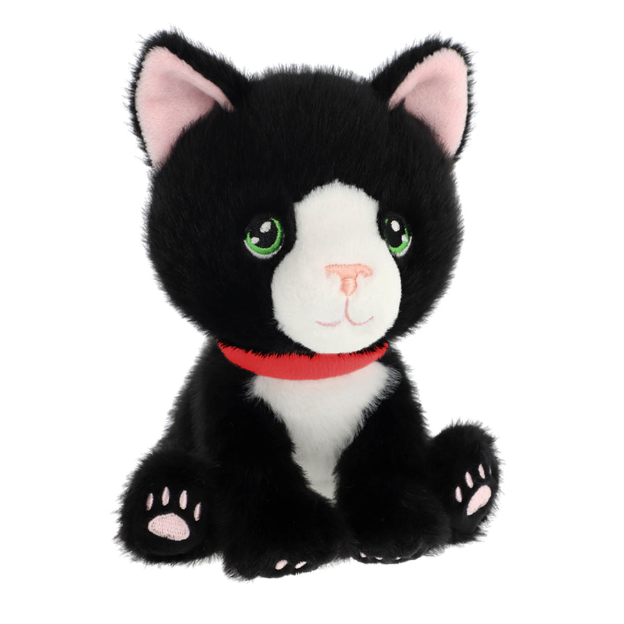 Black and white plush cat toy with a red collar on a white background