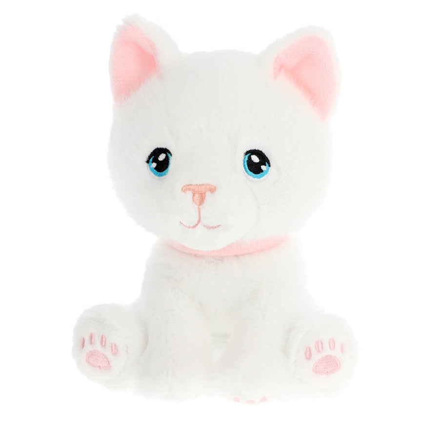 White plush cat toy with pink accents on a white background