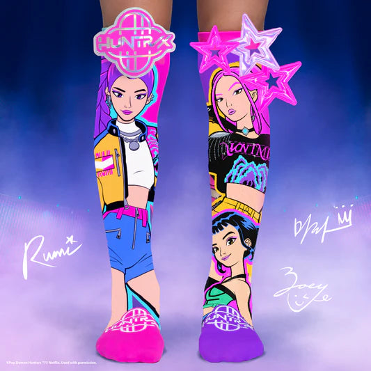 Colorful K-pop demon hunters socks with character design and neon accents on a blue background