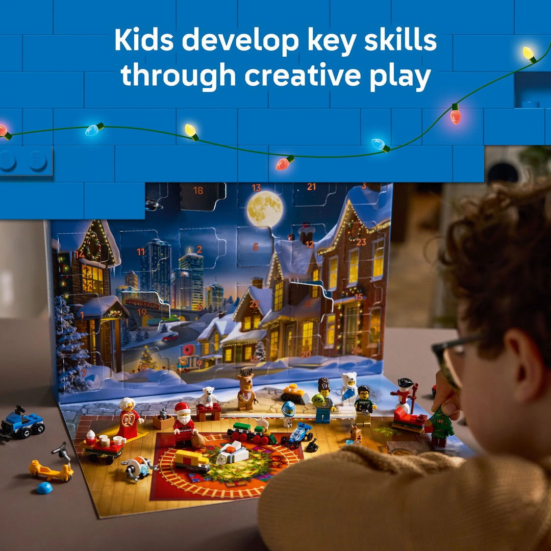 Child playing with lego set on a table with a festive background, featuring text about kids developing key skills through creative play