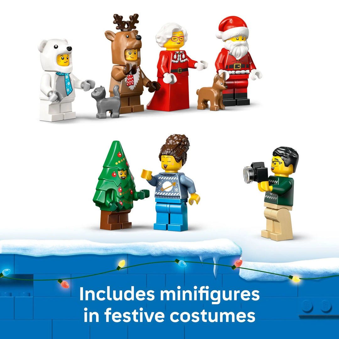 Set of LEGO minifigures in festive costumes on a snowy background