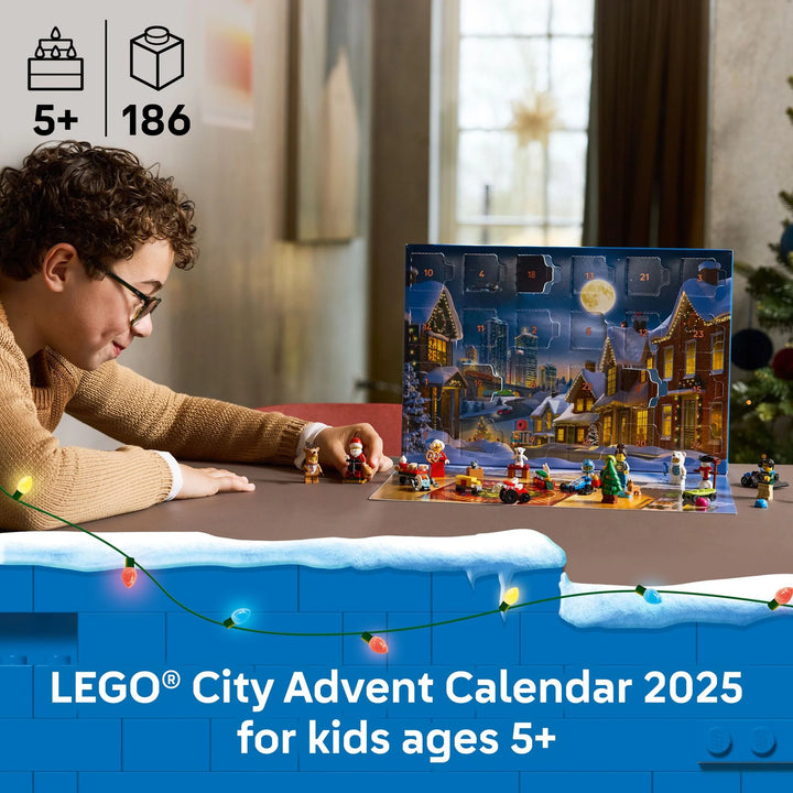 Child playing with LEGO City Advent Calendar 2025, surrounded by festive decorations.