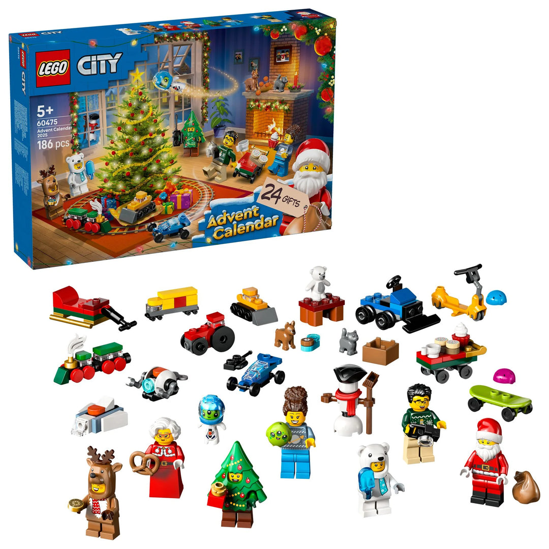 LEGO City Advent Calendar with mini figures and vehicles on a white background