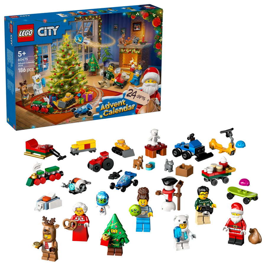 LEGO City Advent Calendar with mini figures and vehicles on a white background