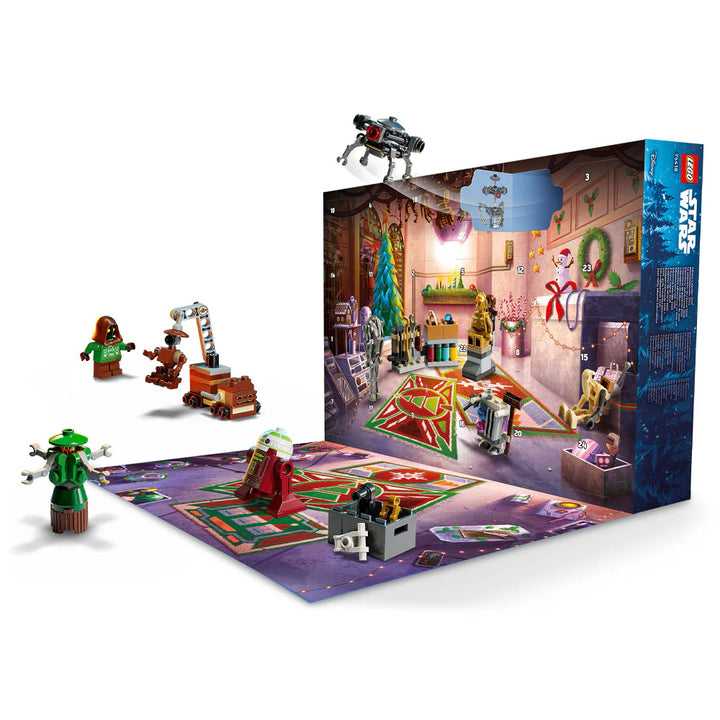 LEGO Advent Calendar with mini figures and set pieces on a white background