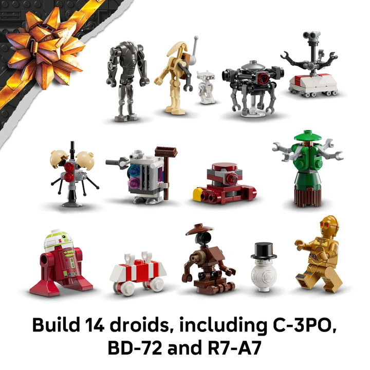 Collection of LEGO droids including C-3PO, BD-72, and R7-A7 on a white background.