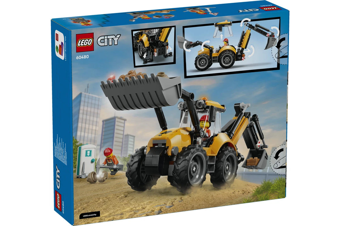 LEGO City bulldozer set packaging with cityscape background