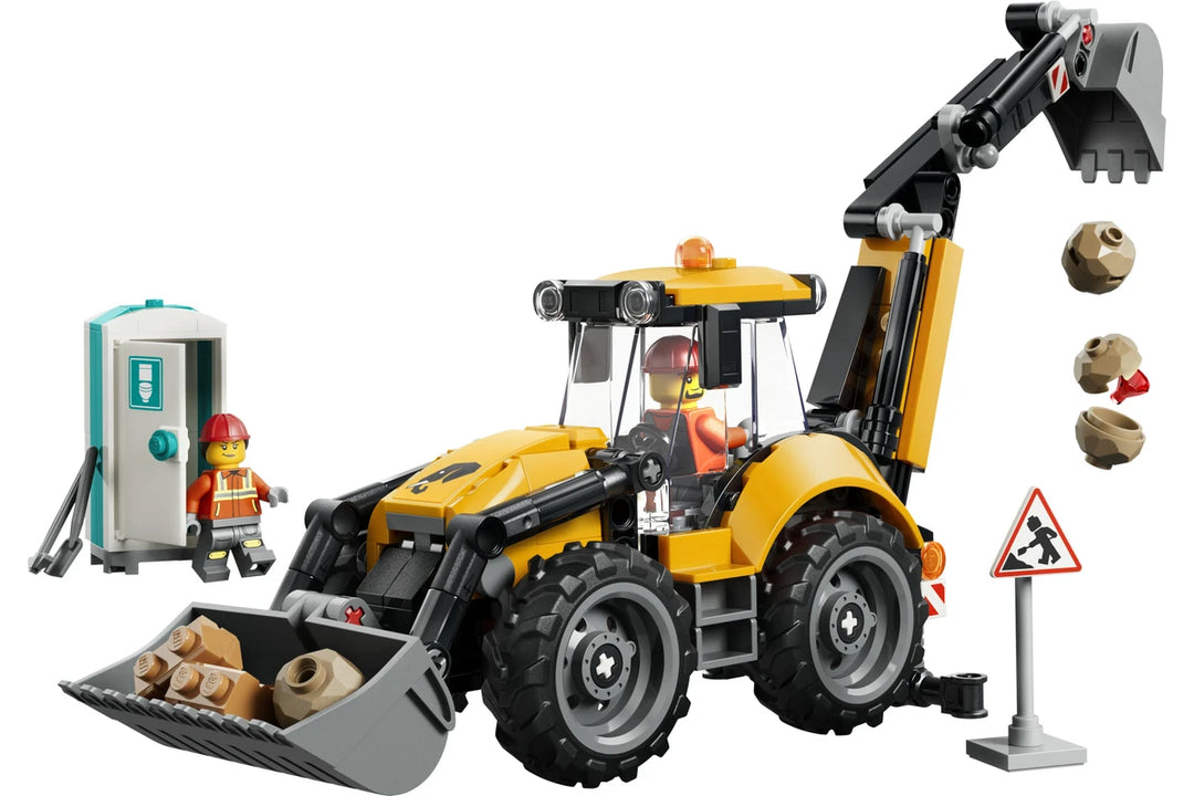 LEGO backhoe set with workers and accessories on a white background
