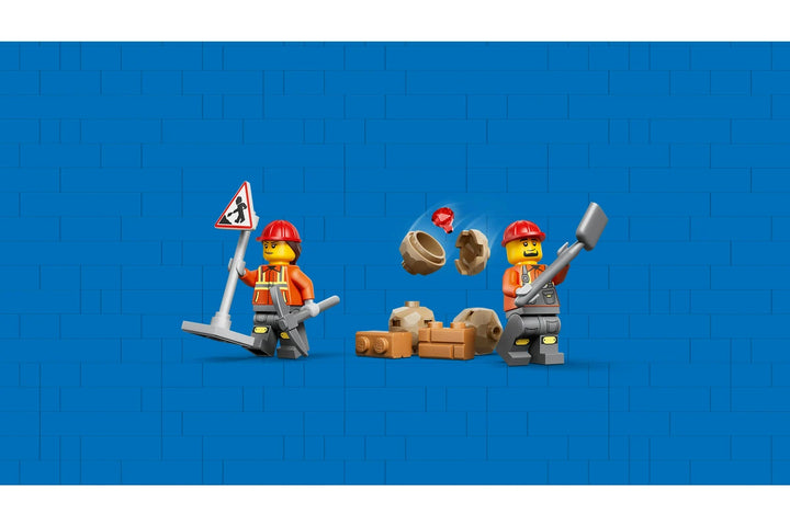 Two LEGO construction workers with tools and a blue background from lego set 60480