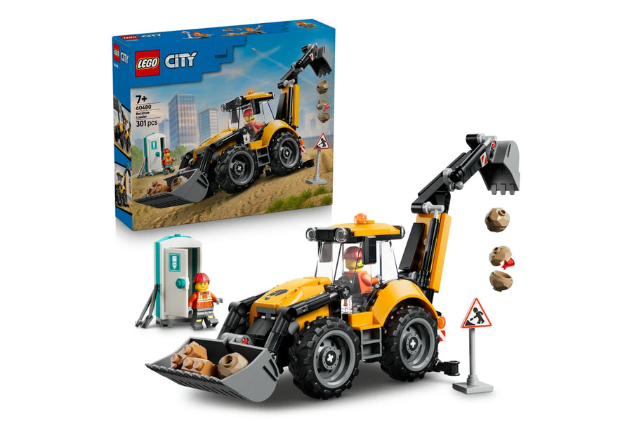 LEGO City backhoe loader set with packaging on a white background
