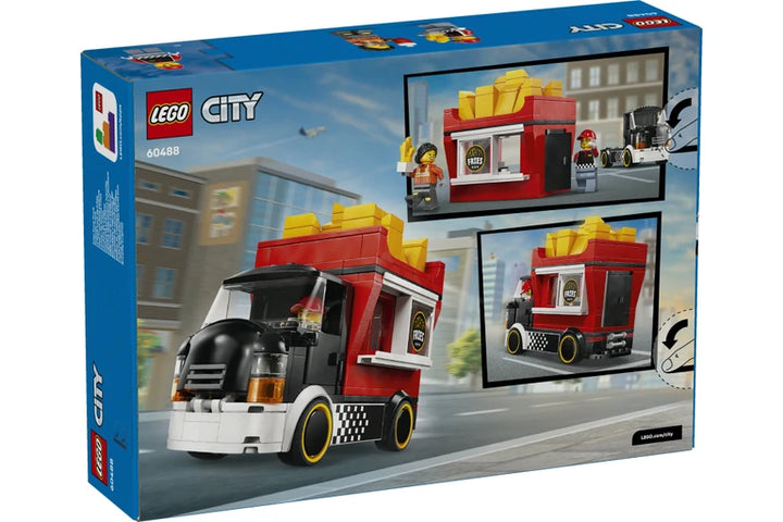 LEGO City food truck set packaging with images of the vehicle and a small town scene.