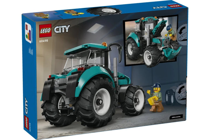 LEGO City 60498 tractor building set box, showing a teal and black tractor model on a blue retail package.