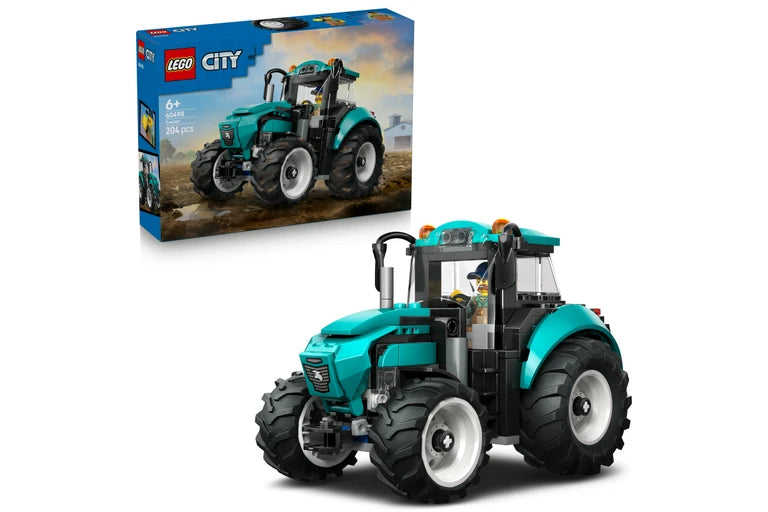 LEGO City tractor building set shown with the retail box and the assembled teal tractor on a clean white background.