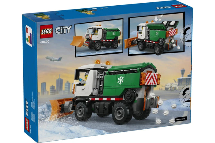 LEGO City winter garbage truck building set box, model 60490, showing the assembled green and white garbage truck with a snow blade on a snowy city street, with two smaller preview images of the truck from different angles on the blue retail packaging.