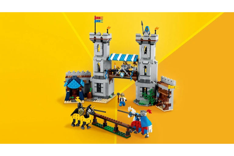 LEGO castle set on a yellow background