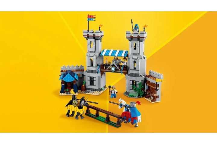 LEGO castle set on a yellow background