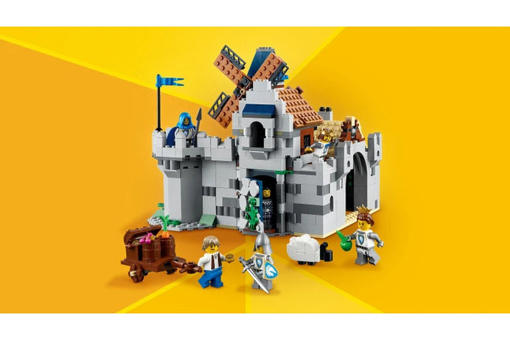 Toy castle set with characters on a yellow background