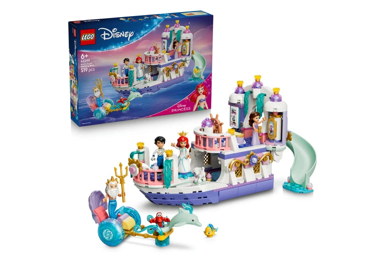 LEGO Disney Princess Aqualung Ship building set shown with its retail box on a clean white background. The assembled toy set includes a purple and white ship with a slide, castle, figures, and a separate blue chariot accessory.