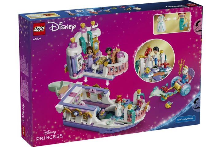 LEGO Disney Princess set 43299 box shown at a slight angle on a white background. The packaging features a vibrant magenta and purple design with illustrations of the assembled building set, including a palace, carriage, and character minifigures.
