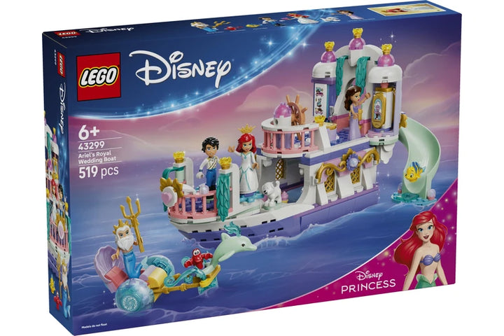 LEGO Disney Ariel's Royal Jelly Boat set box, showing the assembled toy boat with characters and the LEGO and Disney logos on a blue-purple illustrated background.