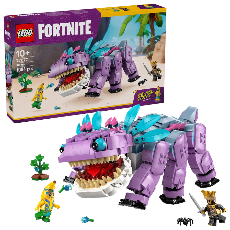 LEGO Fortnite set with purple creature model and packaging on a white background klombo